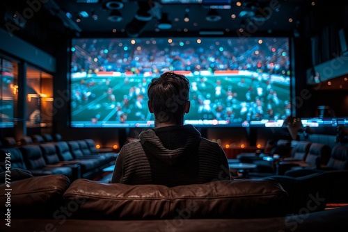 A man engrossed watching an intense sports game in a luxurious home theater setup