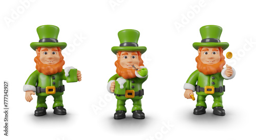 Realistic leprechaun in traditional green suit smokes pipe, tosses gold coin, drinks foamy drink