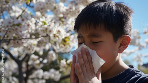 Asian Boy sneezing into paper tissue  blooming trees in the background. Person having seasonal allergic reaction to pollen  blooming trees  grass  that causes sneezing  itchy nose and watery eyes. 