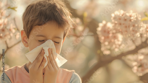 Boy sneezing into paper tissue, blooming trees in the background. Person having seasonal allergic reaction to pollen, blooming trees, grass, hay, that causes sneezing, itchy nose and watery eyes. 