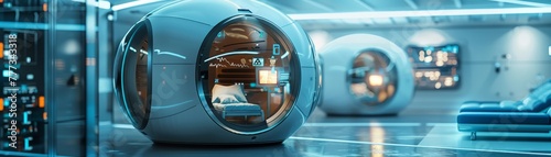 Personal health pods for at home diagnostics and treatment, Medicare backdrop, futuristic background