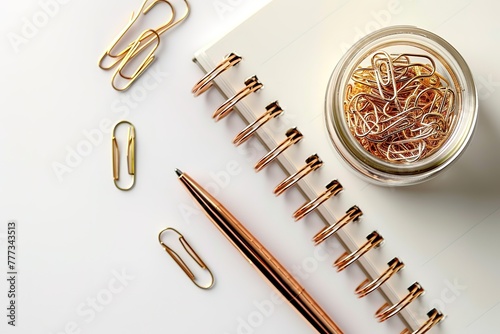 A pen and a jar of paper clips sit on a white notebook