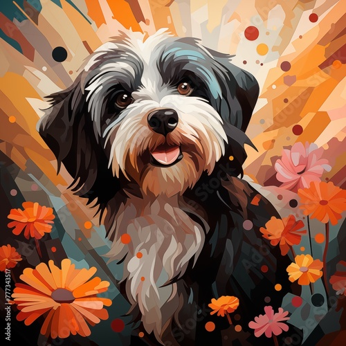 Stylized Colorful Digital Art of a Happy Dog Among Flowers