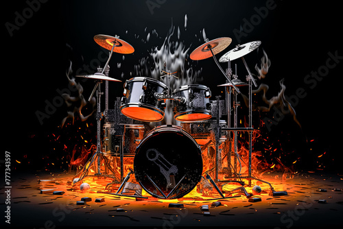 A close up of a drum set with a fire in the background © Алла Морозова