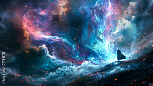 A colorful, swirling galaxy with a person standing on a hill in the foreground