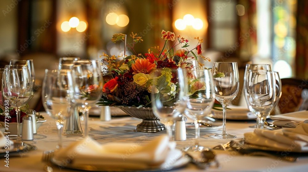 Elegant Table Setting with Festive Floral Centerpiece Elegant Table Setting with Festive Floral Centerpiece