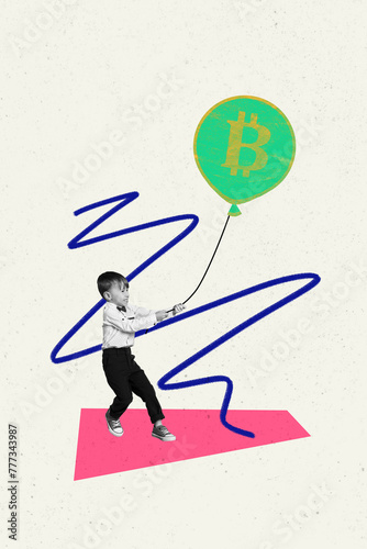 Creative vertical picture collage small little kid cute boy pulling air balloon bitcoin virtual assets cryptocurrency earnings