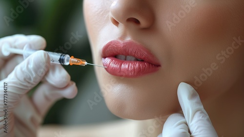 A woman is receiving a botox injection on her lips photo