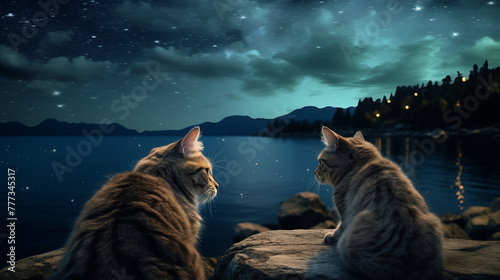 Chats regardant le ciel. Ciel étoilé de nuit. Animal domestique, chat, chaton, mignon. Ambiance calme, zen. Fond pour conception et création graphique.