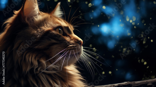 Chat regardant le ciel. Ciel étoilé de nuit. Animal domestique, chat, chaton, mignon. Ambiance calme, zen. Fond pour conception et création graphique.