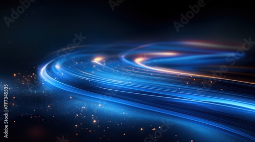 Computer generated image of swirling blue and orange lights in space