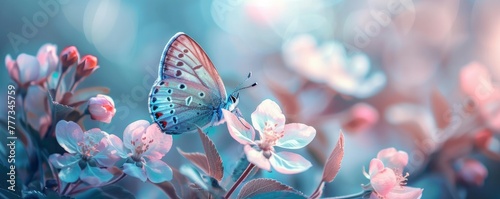 Beautiful spring background with butterfly and apple blossoms in blue pastel colors, blurred nature scene, copy space concept © Ahasanara