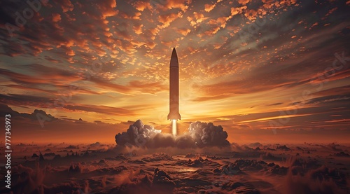 The V2 rocket amidst a wartime ambiance, under a sky filled with drama, as the sun rises.






 photo
