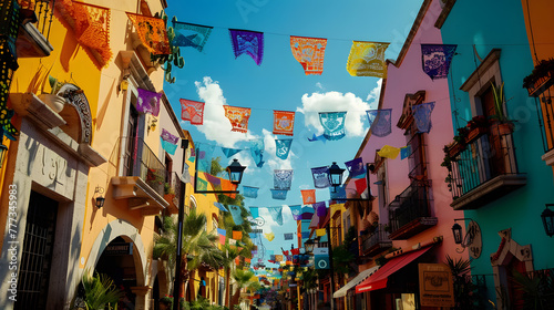 Colorful Mexican street with hanging colorful flags for fiesta party and blue sky. Cinco de mayo. The day of the dead. Dia de los Muertos photo