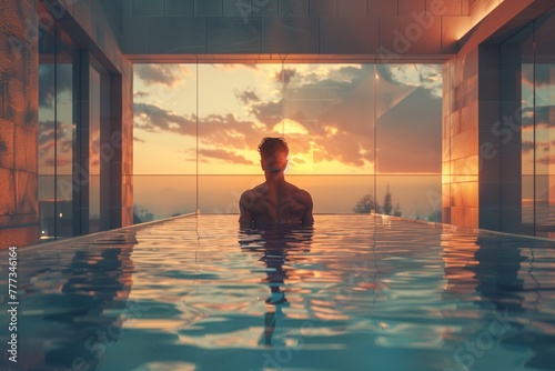 Guy male athlete in water goggles stands in front of the pool before starting a workout, relaxing in the pool at a tropical resort overlooking the sunset and ocean at the hotel
