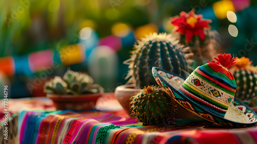Colorful sombrero and cacti on table with colorful decorations for Mexican fiesta party. Cinco de mayo. The day of the dead. Dia de los Muertos