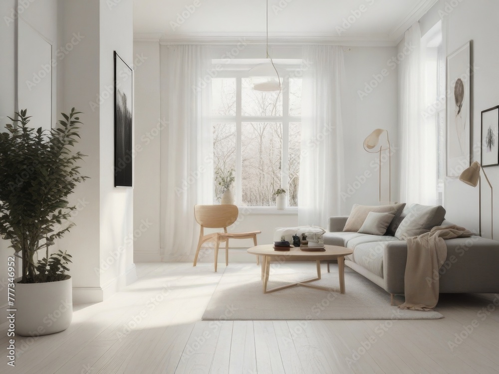 Fototapeta premium A virtual reality room with a minimalist Scandinavian-inspired interior design, featuring clean lines, neutral tones, and cozy furnishings.