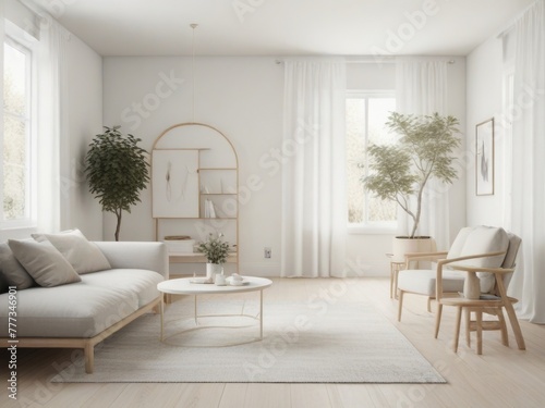 A virtual reality room with a minimalist Scandinavian-inspired interior design, featuring clean lines, neutral tones, and cozy furnishings.