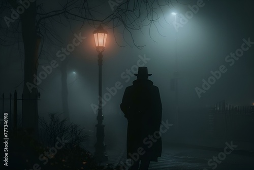 Mężczyzna idący spowitą we mgle aleją parkową w świetle lamp o zmroku
