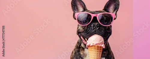 French bulldog wearing pink sunglasses eats ice cream cones against an isolated pastel background © Ahasanara