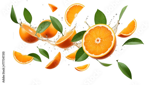 Fresh orange fruit whole and slices with drops and leaves falling flying on transparent background