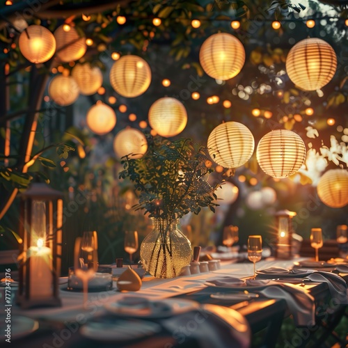 Schöne Dekoration mit Lampions für eine Gartenparty