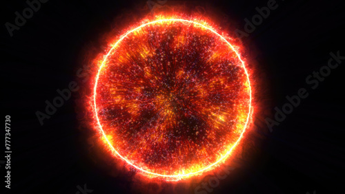 Yellow energy magic sphere round hi-tech light digital ball space planet star made of futuristic light rays lines and energy particles. Abstract background