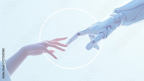 A human hand and an AI robot's arm reaching towards each other, with the finger tips touching in front of a white circle on light blue background.