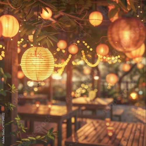 Schöne Dekoration mit Lampions für eine Gartenparty photo
