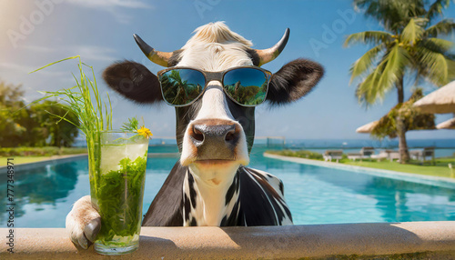 A funny cow wearing sunglasses and having a grass cocktail by the swimming pool in summer time. Cute bovine animal in the summer.