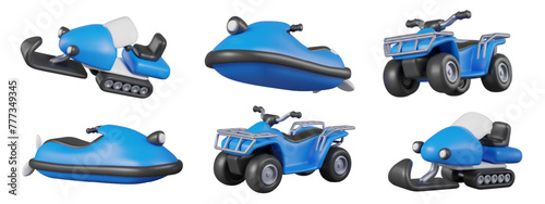 3D snowmobile, jet ski, ATV in different positions. Set of modern vehicles