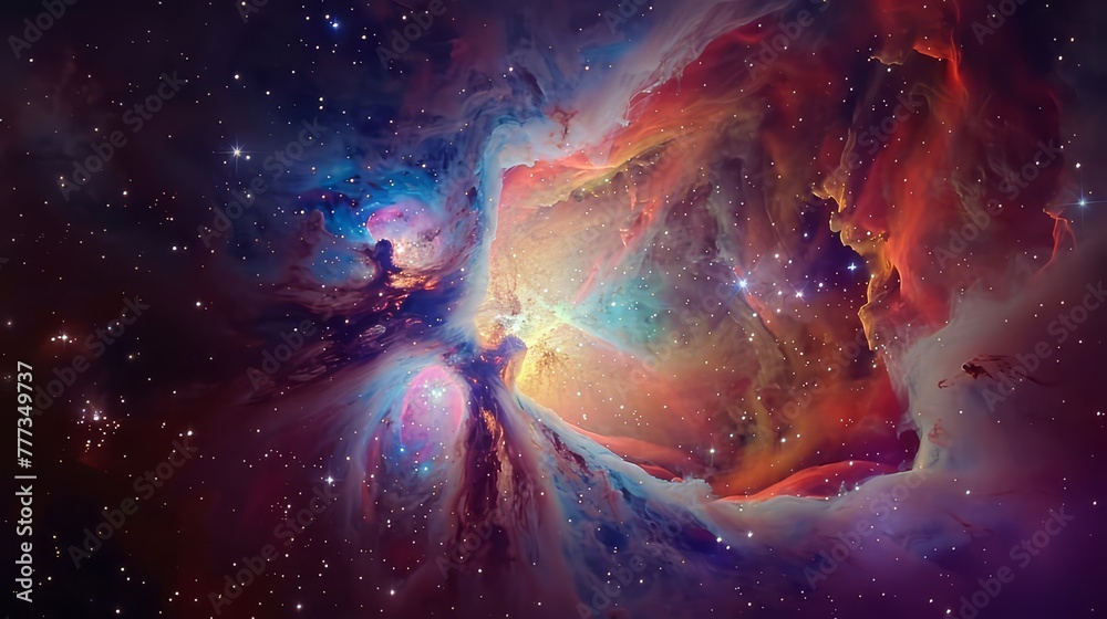 A breathtaking panorama of the Orion Nebula, with its glowing clouds of gas and dust  by the light of young stars.
