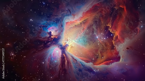 A breathtaking panorama of the Orion Nebula, with its glowing clouds of gas and dust by the light of young stars.