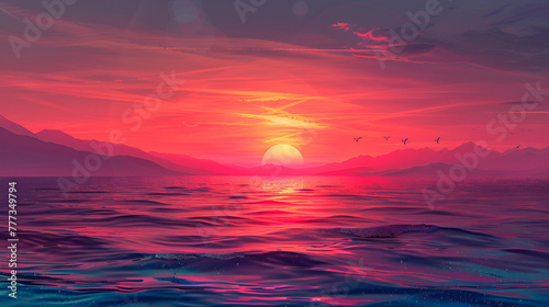 A beautiful sunset or sunrise illustration digital art design, generative Ai