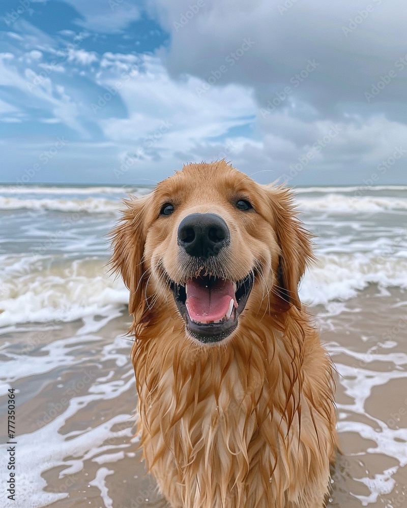 Golden retriever, surfing action, smile radiating joy, summer beach, panoramic view, lively and charming Golden retriever, surfing action, smile radiating joy, summer beach, panoramic view, lively and charming