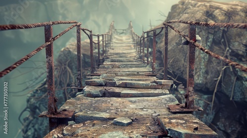 A broken bridge spanning a chasm, representing the shattered connections and fractured relationships of a troubled mind.