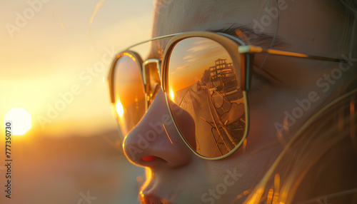 reflection of the rising sun in sunglasses of a girl close-up photo