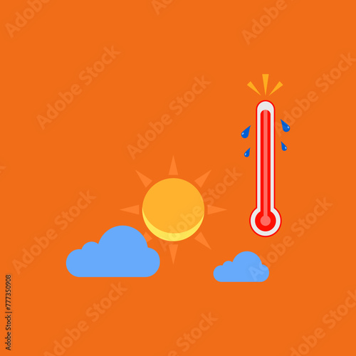 Hot weather in summer season with high temperature. Heat wave of sun with thermometer.