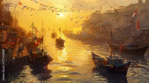 A bustling harbor at sunrise  with fishing boats and sailboats bobbing gently in the water  their colorful hulls and fluttering flags adding to the vibrant energy of the waterfront.