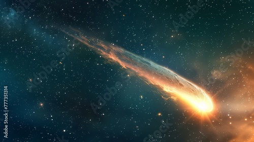 A captivating view of a comet streaking through the night sky, with its tail glowing brightly as it travels through the solar system.