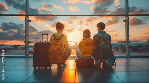 Family waiting at the airport with their suitcases. Family travel and vacation concept. photo