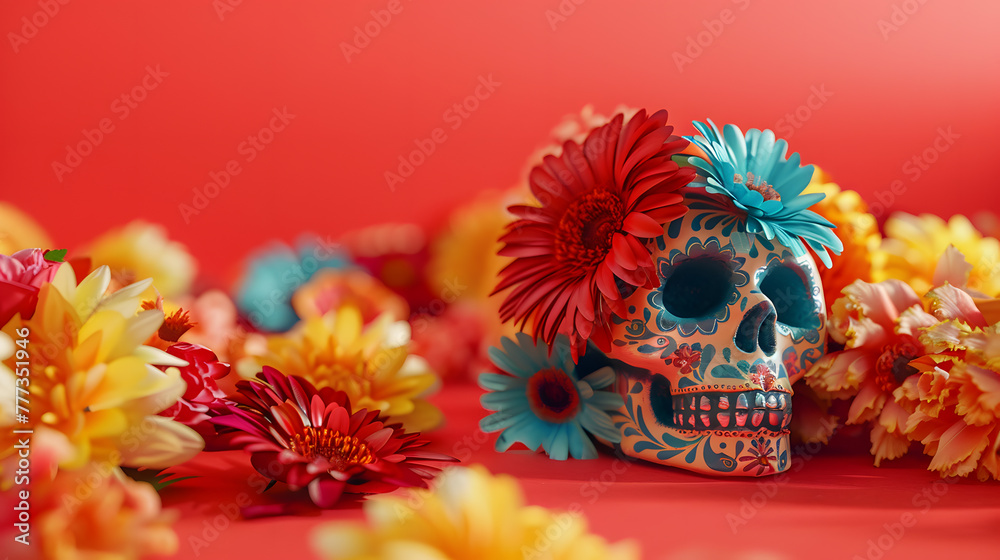 Side view of sugar skull decorated in the style of flowers. Red background with copy space. Cinco de mayo. The day of the dead. Dia de los Muertos. Halloween