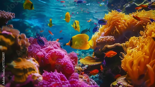 A colorful array of tropical fish  swimming among the vibrant corals of a bustling reef ecosystem in the warm waters of the ocean.