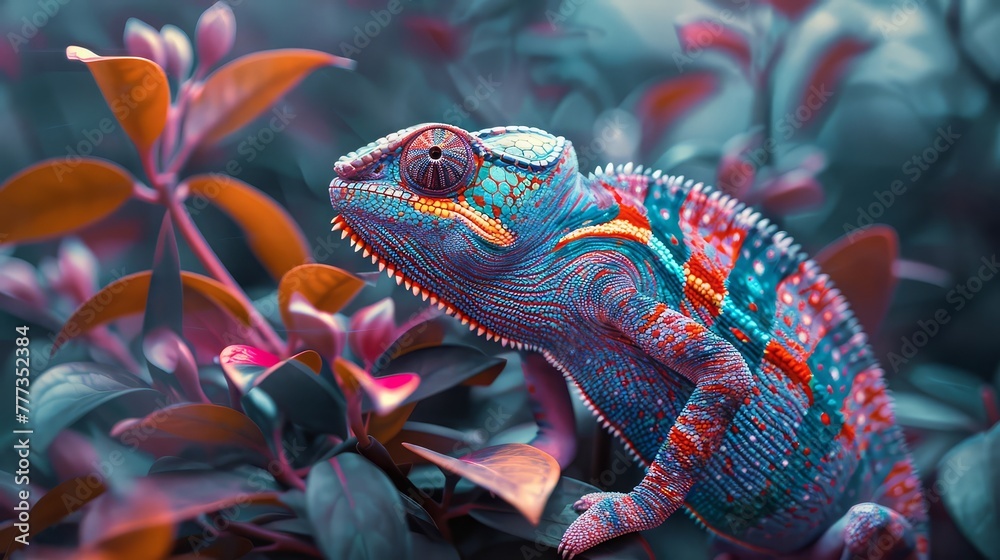 A colorful chameleon, blending seamlessly into its surroundings with its ability to change colors to match its environment.