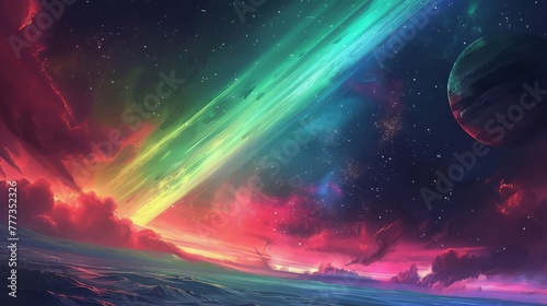 A colorful aurora shimmering in the atmosphere of a distant planet, with hues of green, red, and purple lighting up the sky.