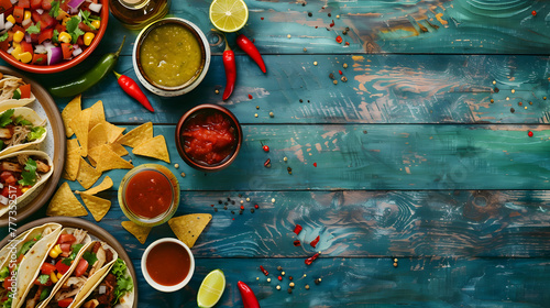 Mexican food on a wooden table, tacos with chicken and vegetables, chips in a plate, red sauce, peppers, tortillas, corn cones, lime juice, bottles of tequila shot. Cinco de mayo. The day of the dead 