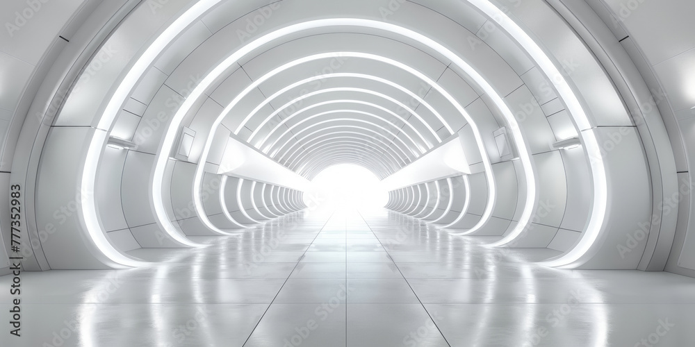 Obraz premium white tunnel background, white corridor with futuristic lighting building, futuristic architectural design, 