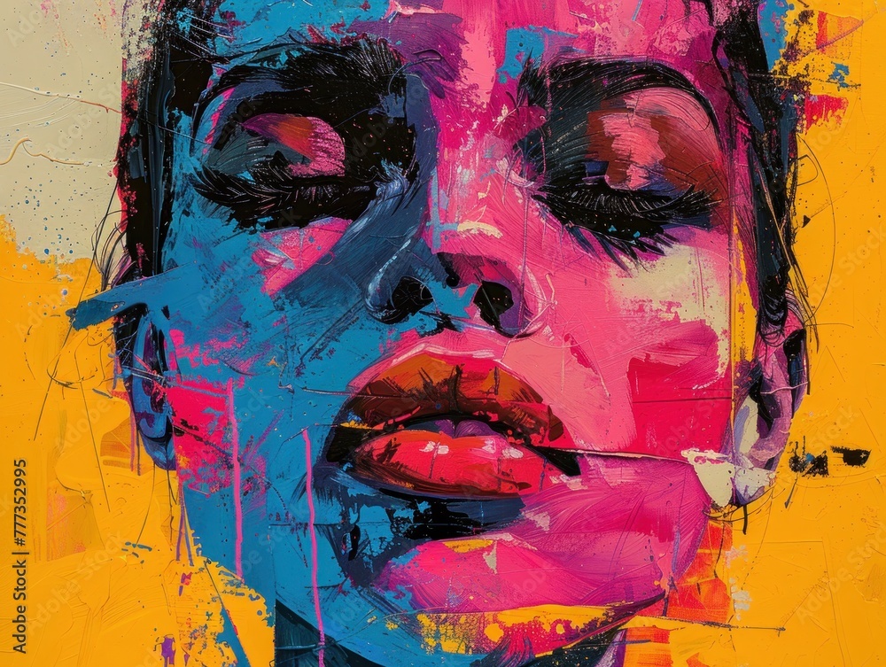 Abstract painting of a woman's face with expressive brush strokes in a vibrant palette of blue, pink, and yellow, evoking emotion and creativity.