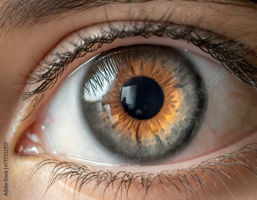 Macro detail of a human eye, brown iris with strong detail and sharpness. Macro detail of eye for background and