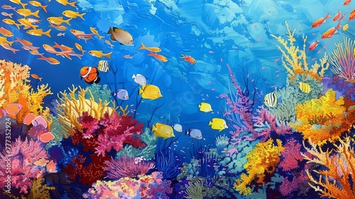 A colorful coral reef  teeming with life as schools of tropical fish dart among the vibrant corals and swaying sea fans.